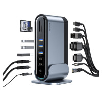 Baseus [RETURNED ITEM] Baseus multifunctional HUB 3x USB 3.2 Gen 1 / 2x USB 2.0 / 2x USB Type C / SD and micro SD card reader / AUX / 3x HDMI / RJ45 1Gbps Power Delivery 100W (EU / CN / UK plugs) gray (CAHUB-DG0G)