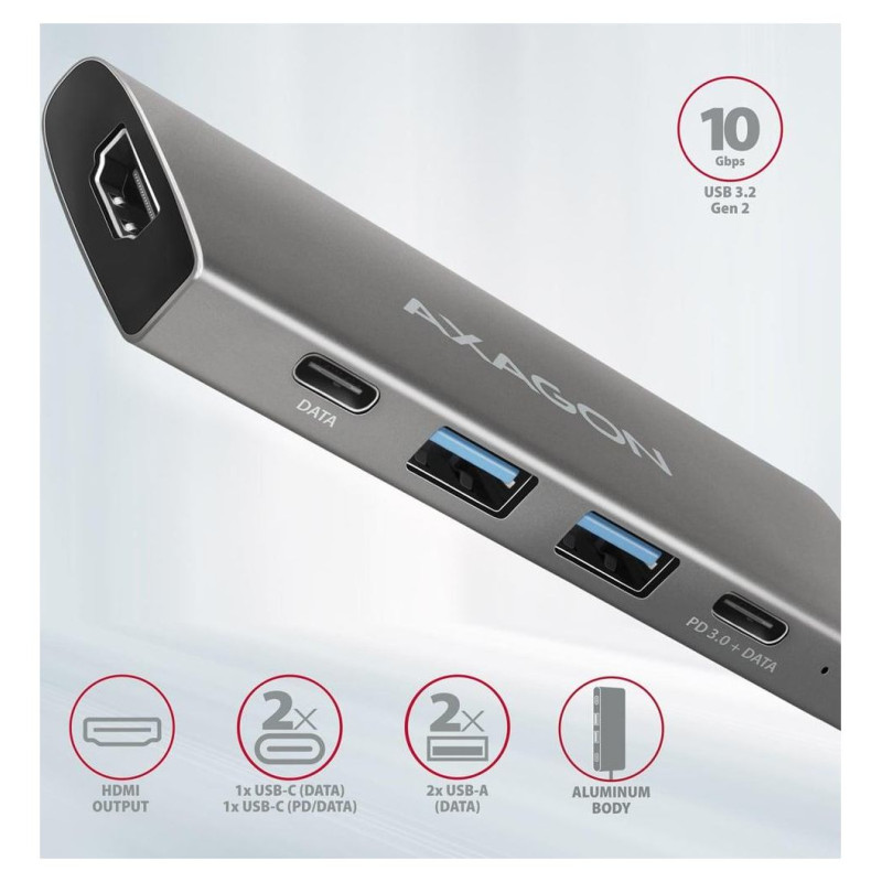 Axagon HMC-5G21 2x USB-A + 2x USB-C + HDMI 4K/30Hz, USB-C 3.2 Gen 2 10Gbps hub, PD 60W, 13cm USB-C cable