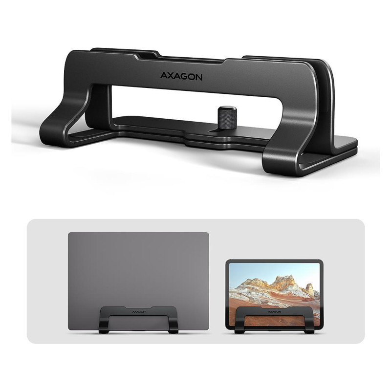 Axagon STND-VB vertical stand for laptops and tablets. Aluminum stand for vertical insertion of laptops sized 10-17.3. Adjustable slot width 9.5-25.5 mm. Black version.
