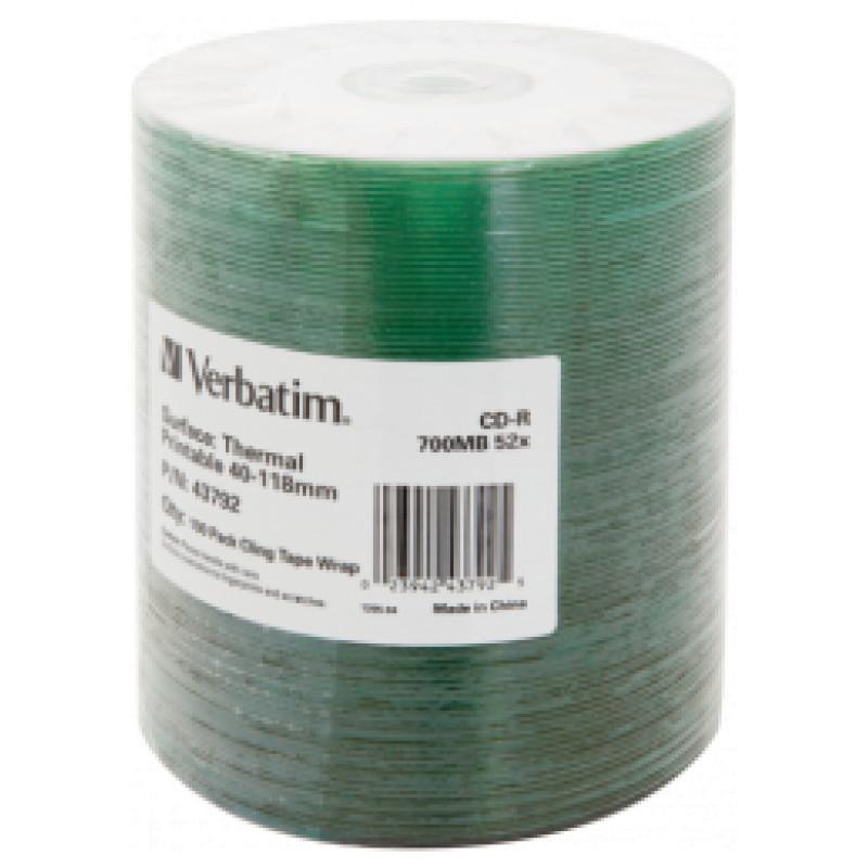 Verbatim Matricas CD-R Verbatim 700MB 1x-52X No ID Thermal Printable 100 Pack Wrap Spindle