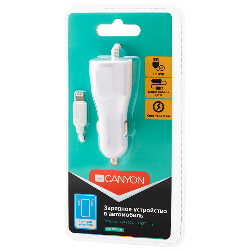 Canyon car charger C-033 2.4A/USB-A built-in Lightning White