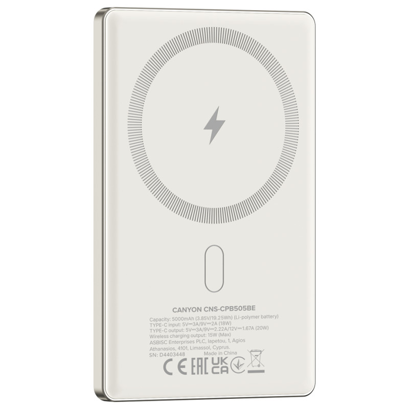 Canyon power bank OnPower 505 slim Magnetic 5000 mAh PD20W Beige