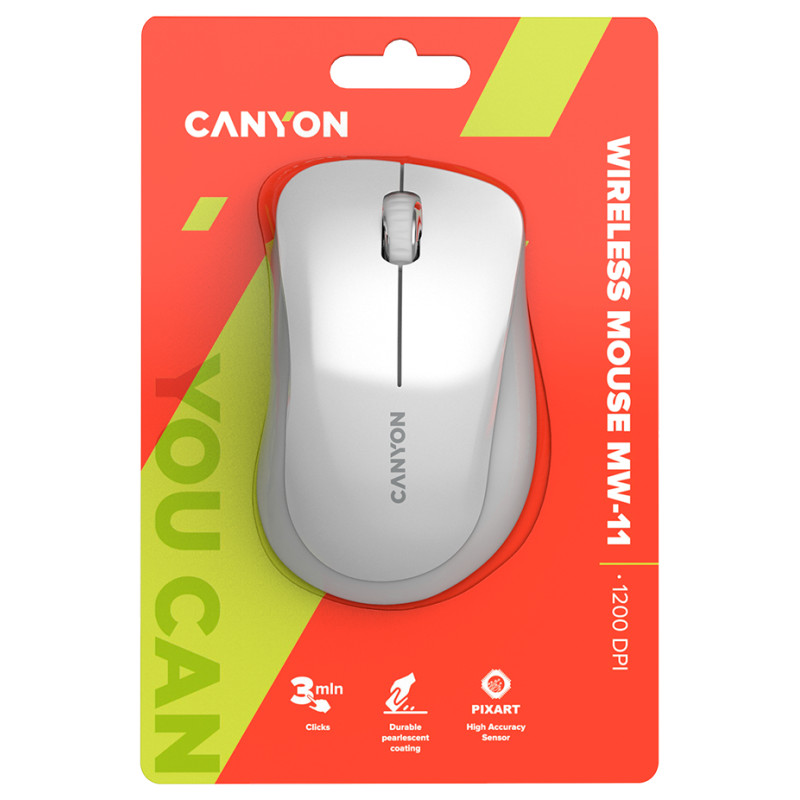 Canyon MW-11, 2.4 GHz  Wireless mouse ,with 3 buttons, DPI 1200, Battery:AAA*2pcs  ,pearl white grey67*109*38mm 0.063kg