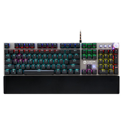 Canyon Nightfall GK-7, Wired Gaming Keyboard,Black 104 mechanical switches,60 million times key life, 22 types of lights,Removable magnetic wrist rest,4 Multifunctional control knob,Trigger actuation 1.5mm,1.6m Braided cable,US layout,dark grey, size:435*