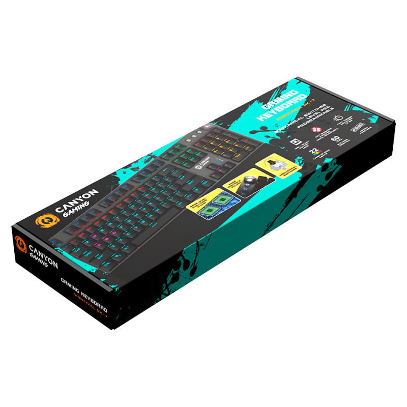 Canyon Nightfall GK-7, Wired Gaming Keyboard,Black 104 mechanical switches,60 million times key life, 22 types of lights,Removable magnetic wrist rest,4 Multifunctional control knob,Trigger actuation 1.5mm,1.6m Braided cable,US layout,dark grey, size:435*