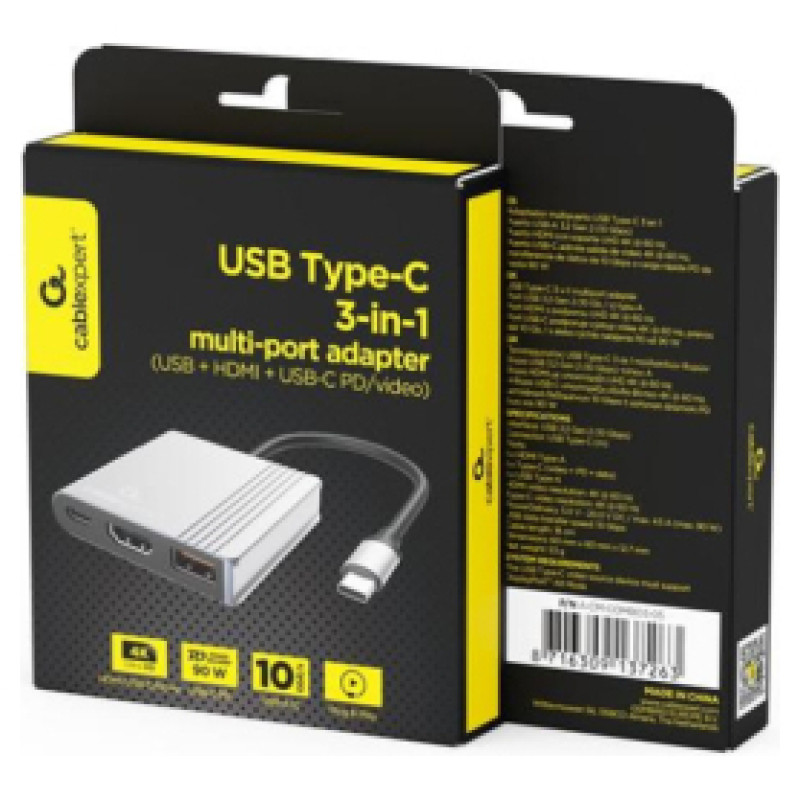Gembird Dokstacija Gembird USB-C 3-in-1multi port (USBport + HDMI + USB-C video) PD 90W