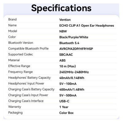 Vention HEADSET WRL ECHO CLIP A11/BLACK NBWB0-PH VENTION