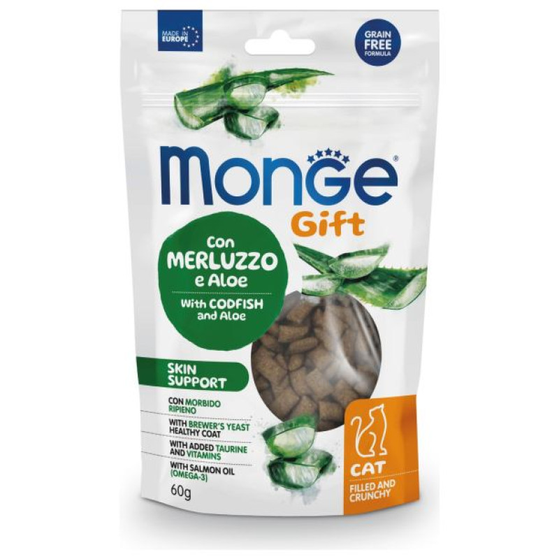 Monge GIFT Cat FILLED & CRUNCHY Skin support Codfish and aloe / 60 g - kārums kaķiem