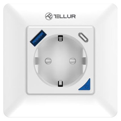 Tellur Smart WiFi Wall Plug 3600W 16A, PD20W, USB 18W, energy reading, white
