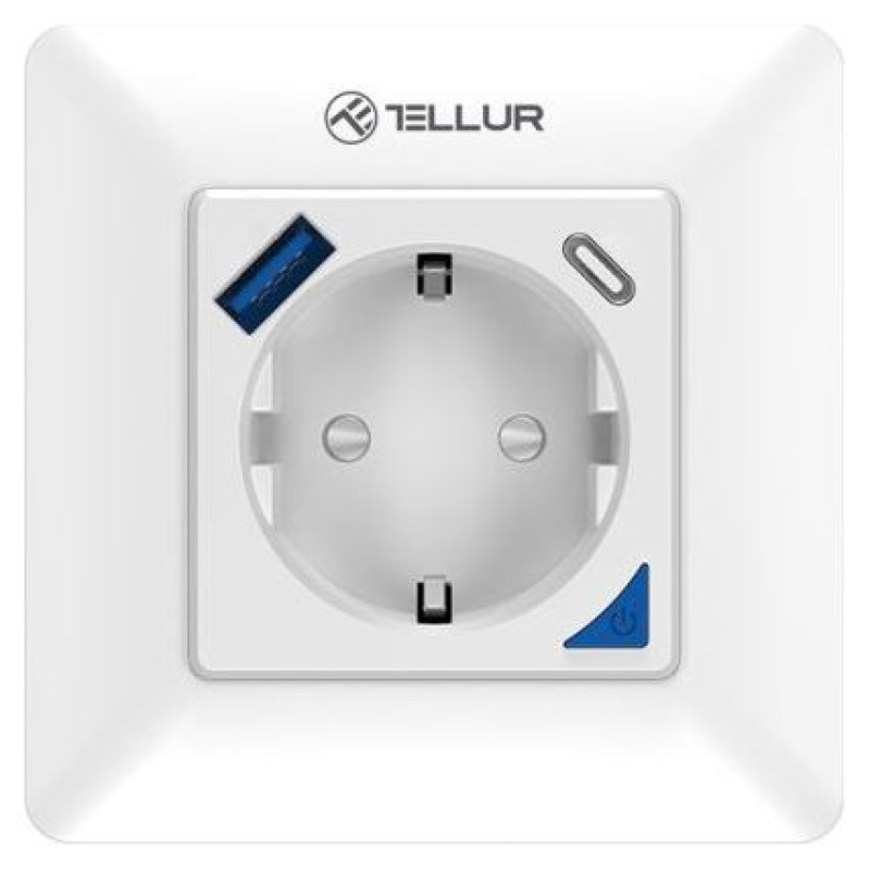Tellur Smart WiFi Wall Plug 3600W 16A, PD20W, USB 18W, energy reading, white