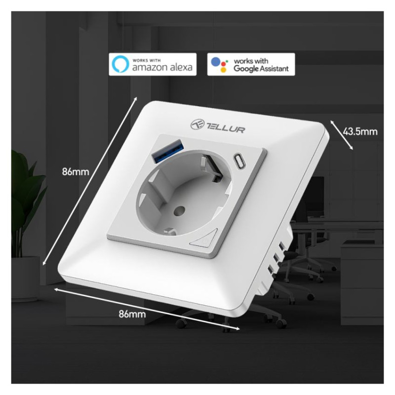 Tellur Smart WiFi Wall Plug 3600W 16A, PD20W, USB 18W, energy reading, white