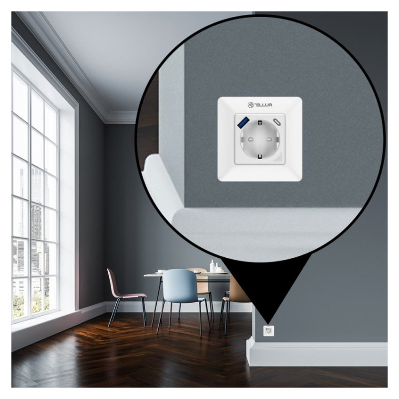 Tellur Smart WiFi Wall Plug 3600W 16A, PD20W, USB 18W, energy reading, white