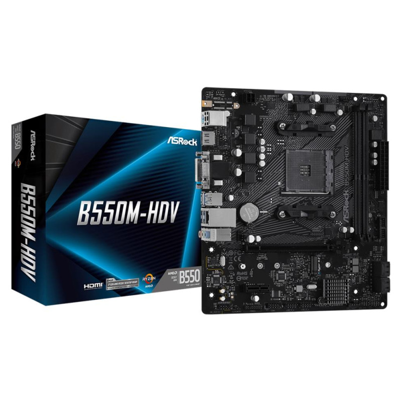Asrock Mainboard|ASROCK|AMD B550|SAM4|MicroATX|1xPCI-Express 3.0 1x|1xM.2|1xPCI-Express 4.0 16x|Memory DDR4|Memory slots 2|1x15pin D-sub|1xDVI|1xHDMI|2xUSB 2.0|4xUSB 3.2|1xPS/2|1xRJ45|3xAudio port|B550M-HDV