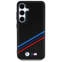 BMW Leather Tricolor Crossing Stripes MagSafe Case for Samsung Galaxy S25 - Black