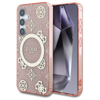 Guess 4G Background Gold Electroplated Peony Pattern MagSafe case for Samsung Galaxy S25 pink