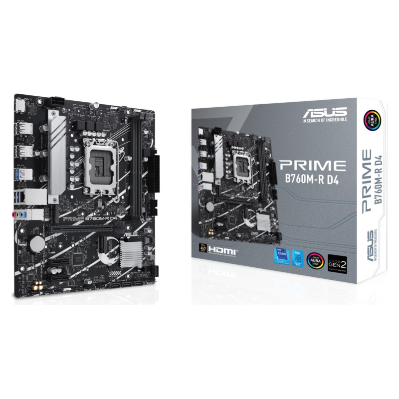 Asus Mainboard|ASUS|Intel B760 Express|LGA1700|Micro-ATX|Memory DDR4|Memory slots 2|2xPCI-Express 4.0 1x|1xPCI-Express 4.0 16x|2xM.2|1x15pin D-sub|1xHDMI|4xUSB 2.0|4xUSB 3.2|1xOptical S/PDIF|3xAudio port|PRIMEB760M-RD4