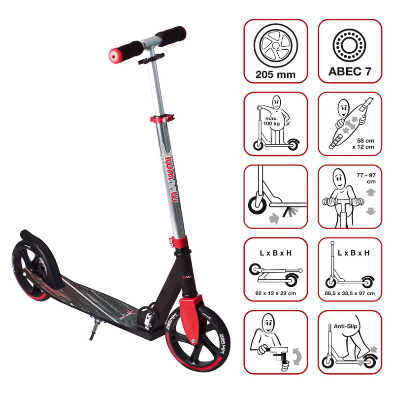 Muuwmi Aluminium Scooter skrejritenis 205 mm, sarkans - AU 565