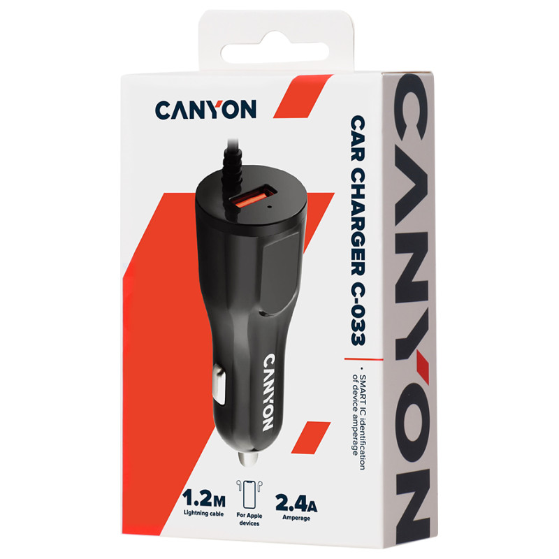 Canyon car charger C-033 2.4A/USB-A built-in Lightning Black