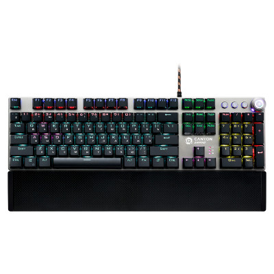 Canyon Nightfall GK-7, Wired Gaming Keyboard,Black 104 mechanical switches,60 million times key life, 22 types of lights,Removable magnetic wrist rest,4 Multifunctional control knobs,Trigger actuation 1.5mm,1.6m Braided cable,RU layout,dark grey, size:435
