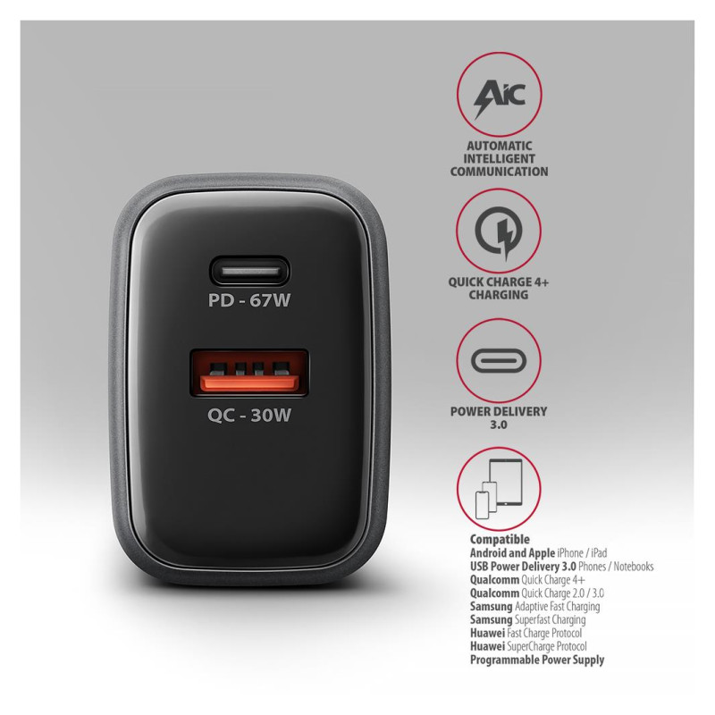 Axagon MOBILE CHARGER WALL USB 67W/GAN 2PORT ACU-PQ67D AXAGON