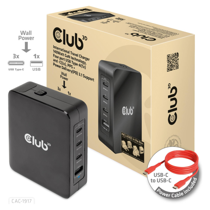 Club3D MOBILE TRAVEL CHARGER USB-C/140W GAN CAC-1917 CLUB3D