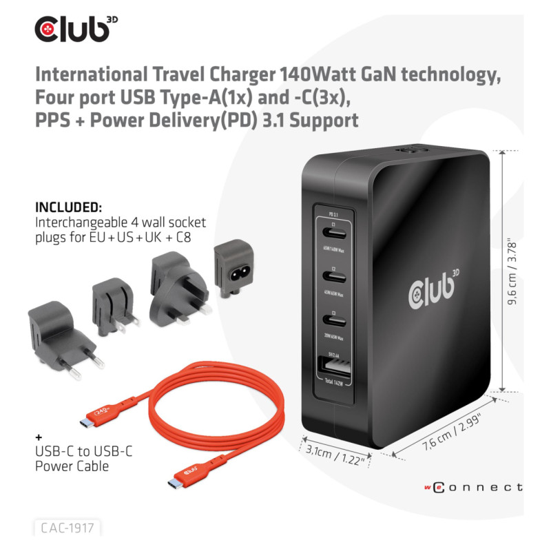 Club3D MOBILE TRAVEL CHARGER USB-C/140W GAN CAC-1917 CLUB3D
