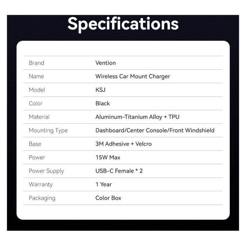 Vention MOBILE CHARGER CAR MAGNETIC/WRL BLACK KSJB0 VENTION