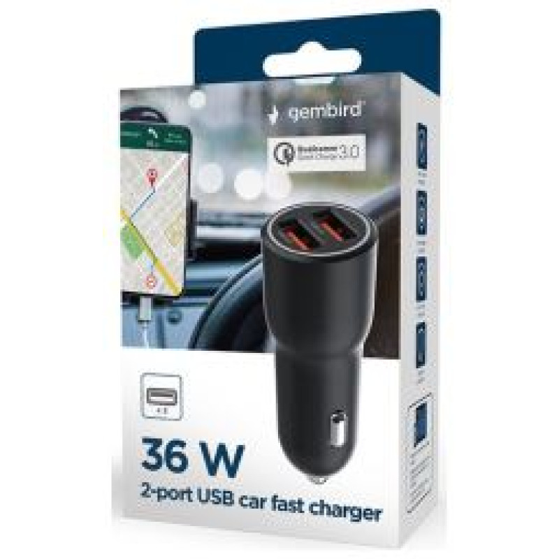 Gembird Auto lādētājs Gembird USB Type-C + USB Type-A Black