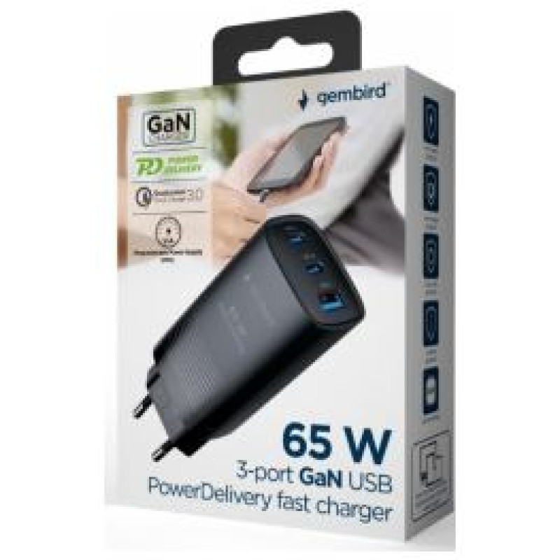 Gembird Lādētājs Gembird 3-port 65W GaN USB PowerDelivery fast Charger Black
