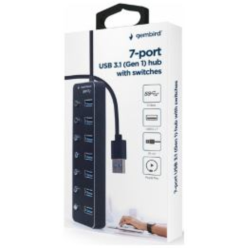 Gembird USB Centrmezgls Gembird USB 3.1 Powered 7-port Hub with Switches Black