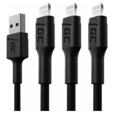 Green Cell Set of 3x Apple Lightning Fast Charging Cable with White LED Backlight 2m