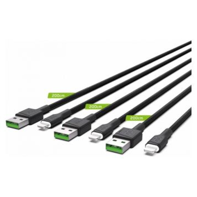 Green Cell Set of 3x Apple Lightning Fast Charging Cable with White LED Backlight 2m