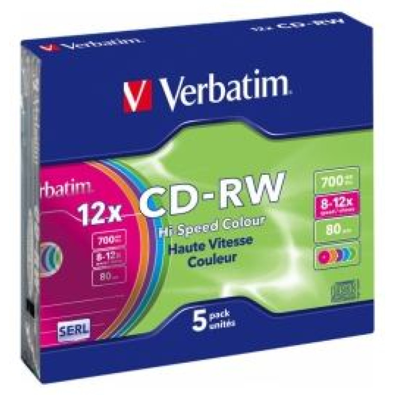 Verbatim Matricas CD-RW SERL Verbatim 700 MB 8x-12X Colour, 5 Pack Slim