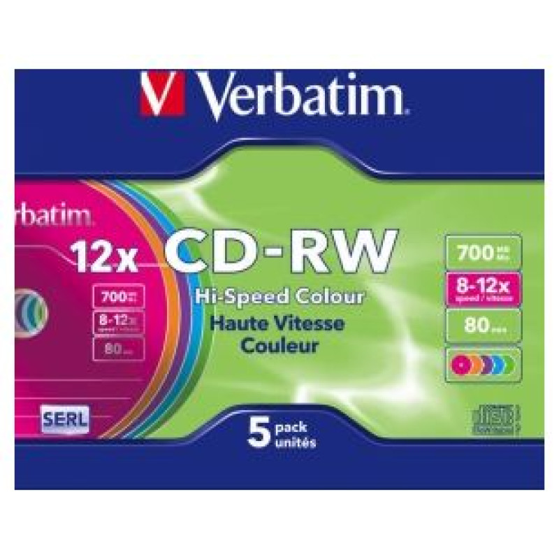 Verbatim Matricas CD-RW SERL Verbatim 700 MB 8x-12X Colour, 5 Pack Slim