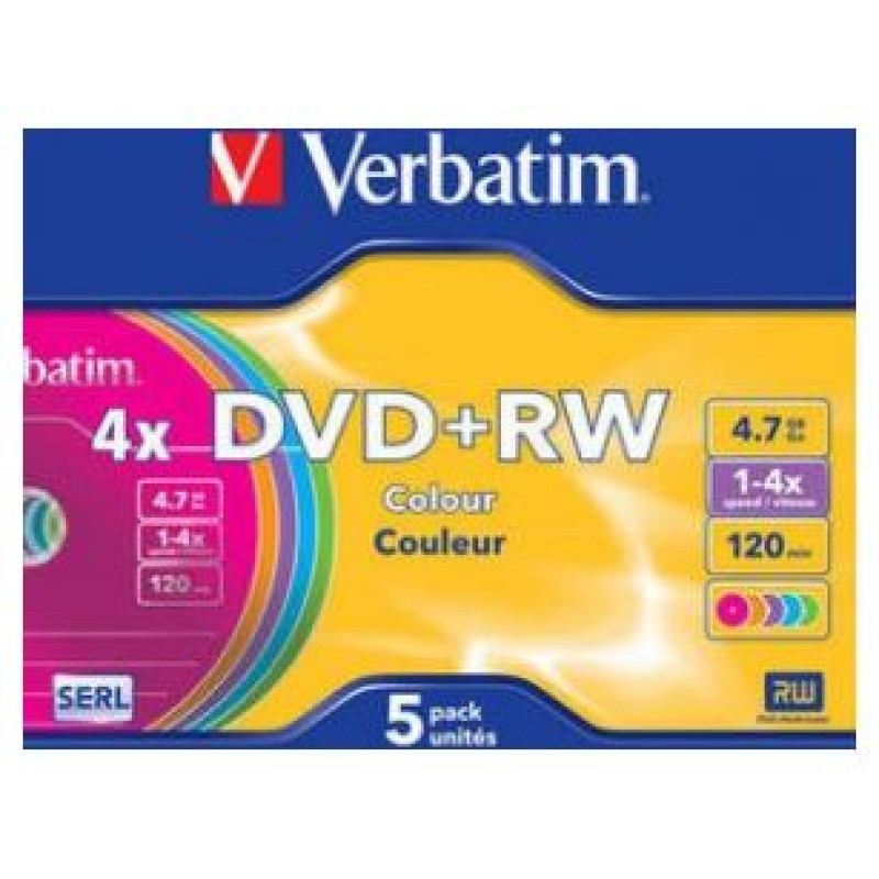 Verbatim Matricas DVD+RW Verbatim 4.7GB 4x Colour, 5 Pack Slim
