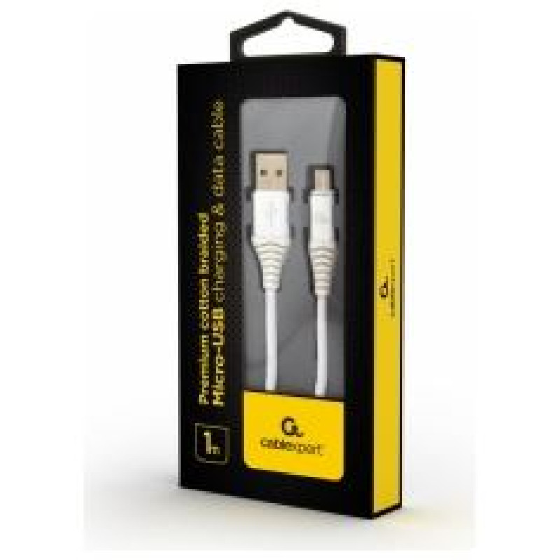 Gembird USB Male - Micro USB Male Premium cotton braided 1m Silver/White