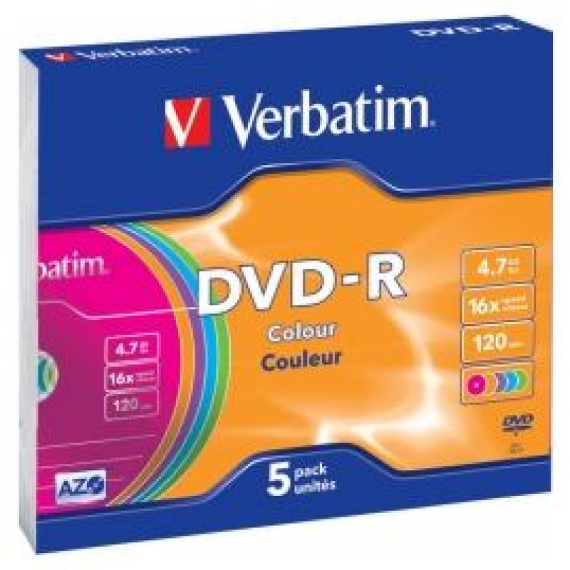 Verbatim Matricas DVD-R AZO Verbatim 4.7GB 16x Colour, 5 Pack Slim