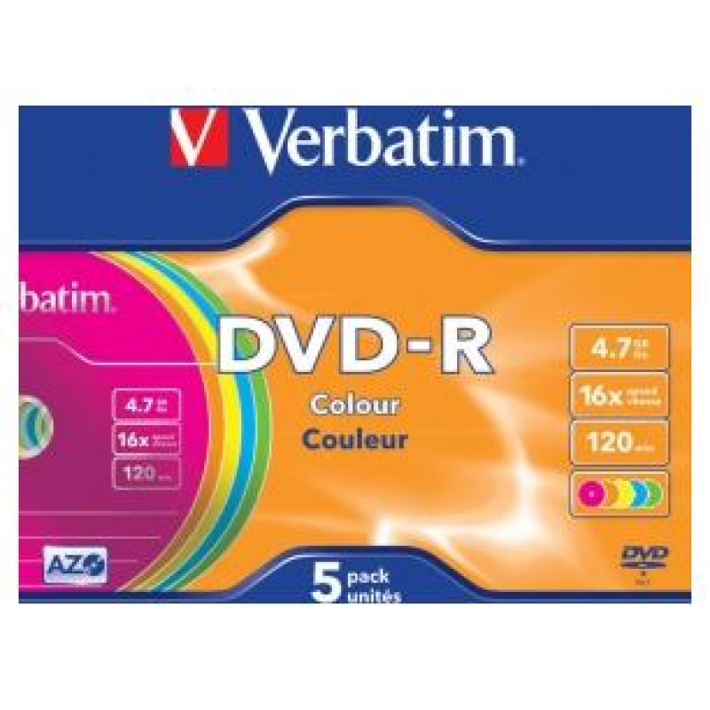 Verbatim Matricas DVD-R AZO Verbatim 4.7GB 16x Colour, 5 Pack Slim