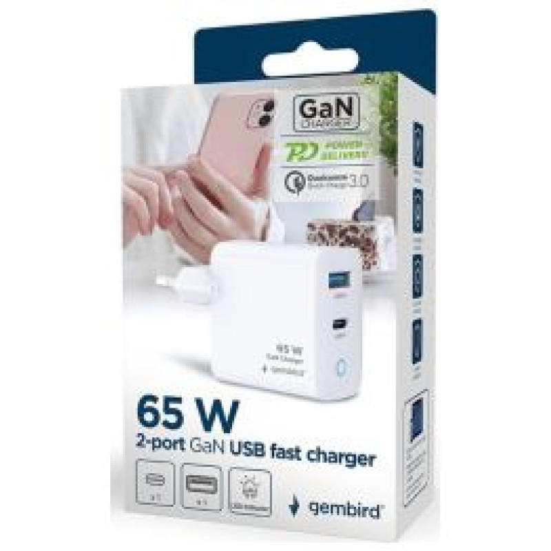 Gembird Lādētājs Gembird 3-port 30W GaN USB Fast Charger LCD White
