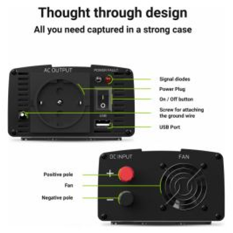Green Cell Strāvas pārveidotājs Green CellCar Power Inverter Converter 12V to 230V 300W/ 600W Modified Sine Wave