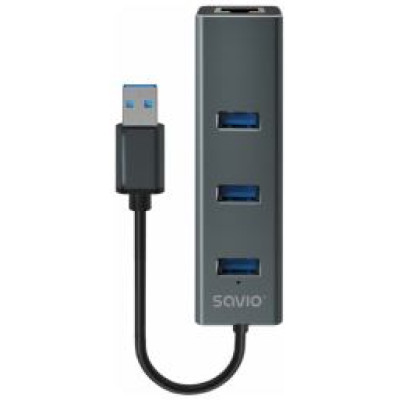 Savio USB Centrmezgls Savio 3-port USB-A 3.1 Gen 1 Hub with RJ-45 Gigabit Ethernet
