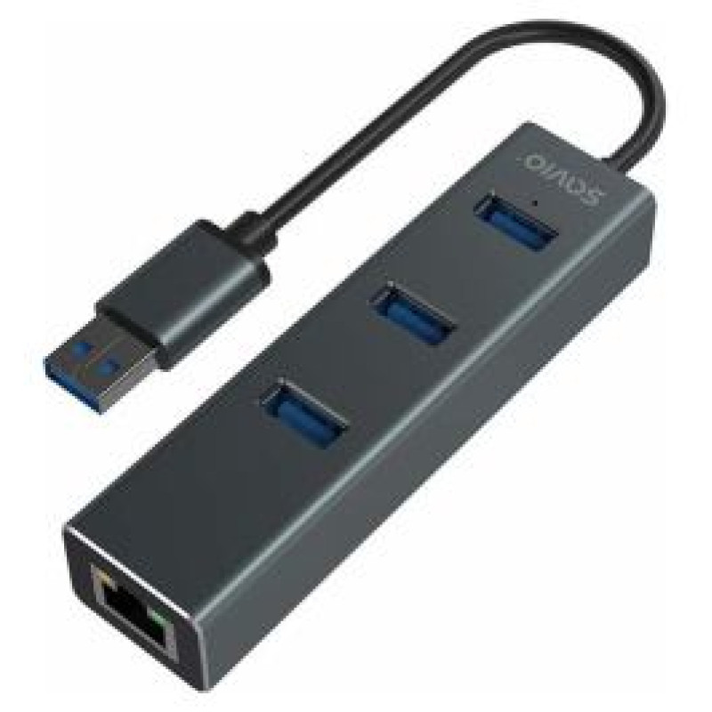 Savio USB Centrmezgls Savio 3-port USB-A 3.1 Gen 1 Hub with RJ-45 Gigabit Ethernet