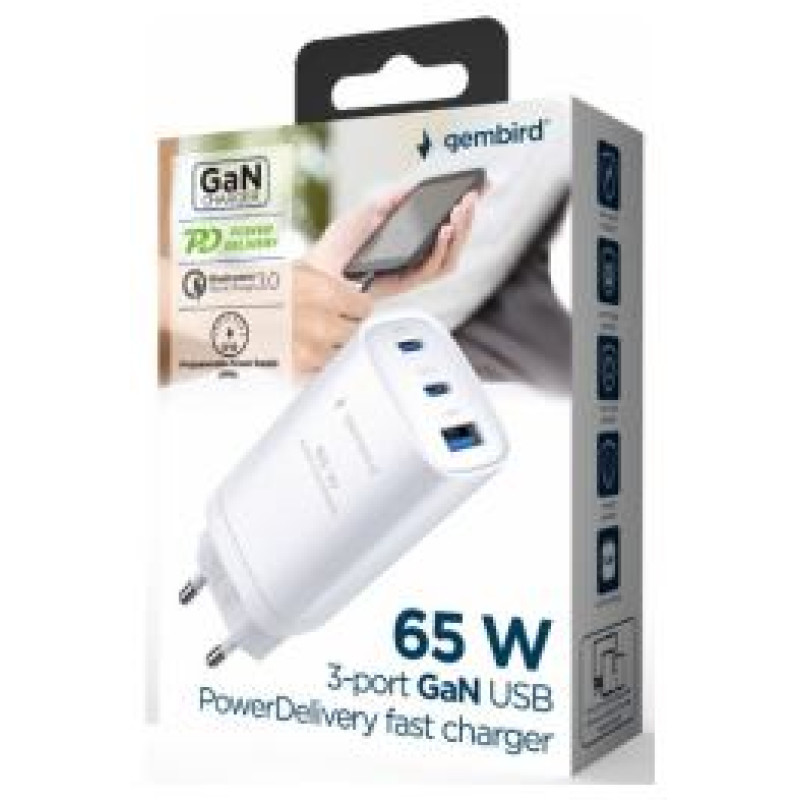 Gembird Lādētājs Gembird 3-port 65W GaN USB PowerDelivery fast Charger White