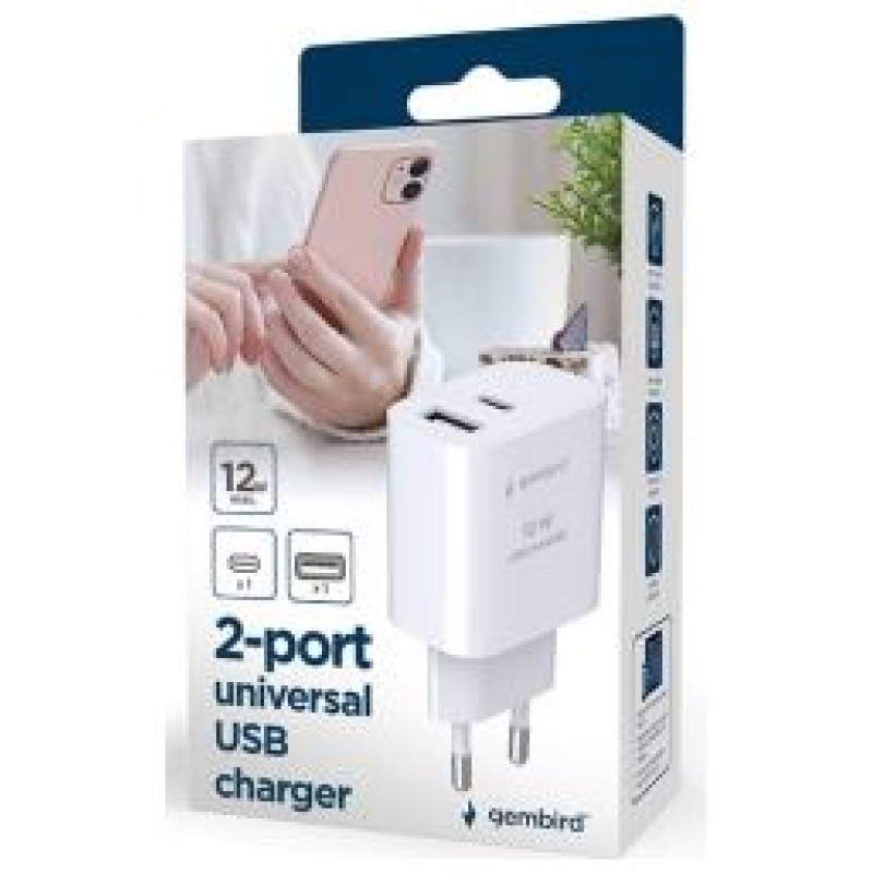 Gembird Lādētājs Gembird USB Type-C + USB Type-A White