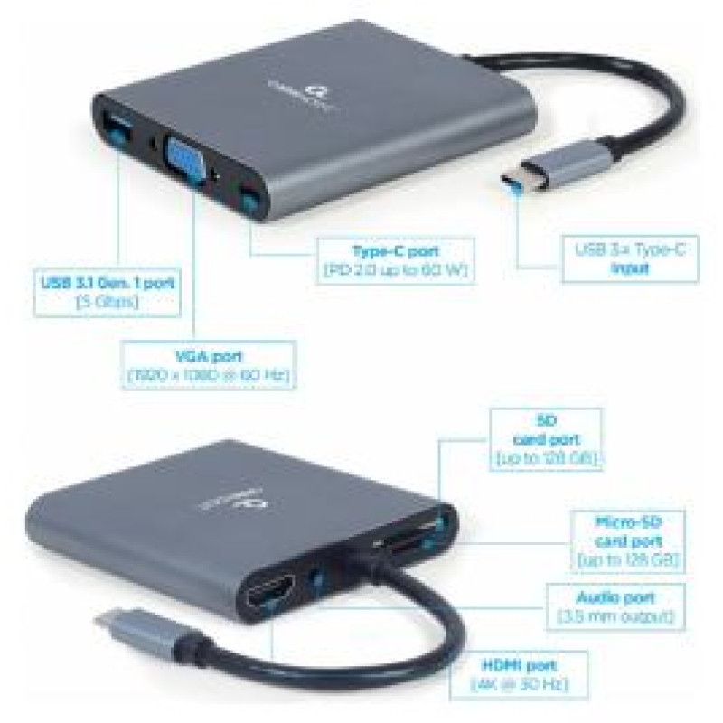 Gembird USB Type-C 6-in-1 multi-port Adapter + Card Reader Space Grey