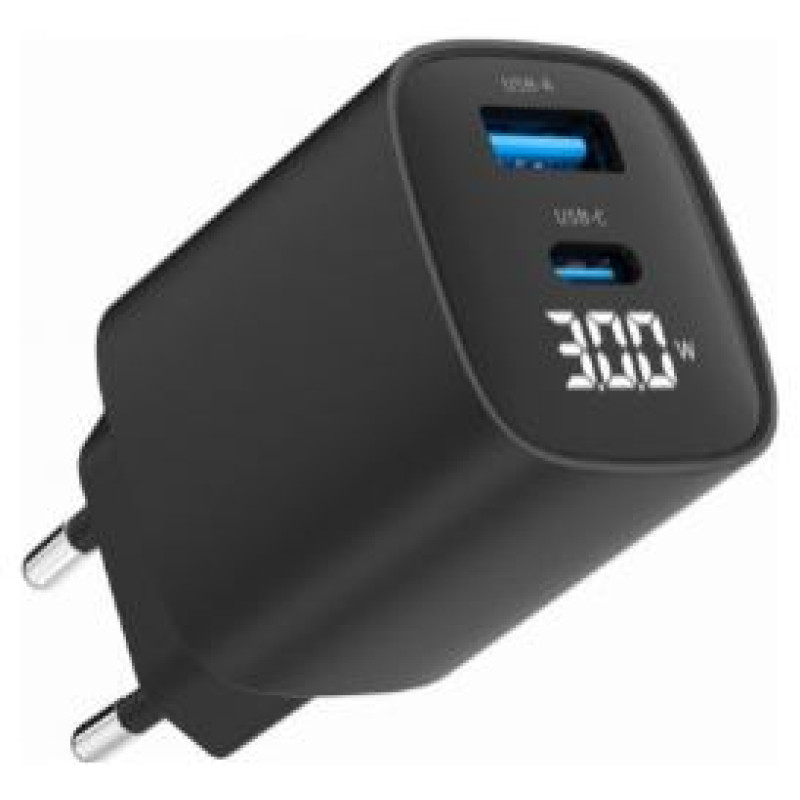 Gembird Lādētājs Gembird USB Type-C + USB Type-A LCD Black