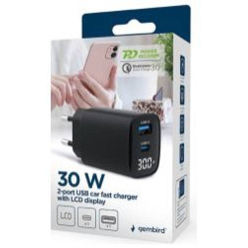 Gembird Lādētājs Gembird USB Type-C + USB Type-A LCD Black