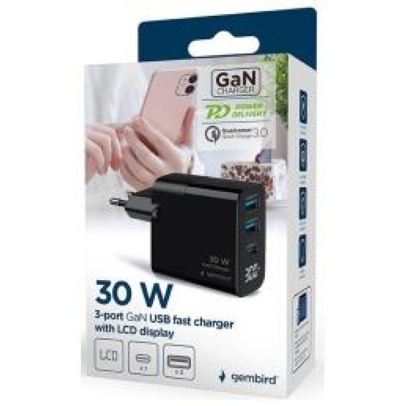 Gembird Lādētājs Gembird 3-port 30W GaN USB Fast Charger LCD Black