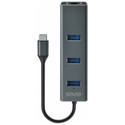 Savio USB Centrmezgls Savio 3-port USB-C 3.1 GEN 1 hub with RJ-45 Gigabit Ethernet