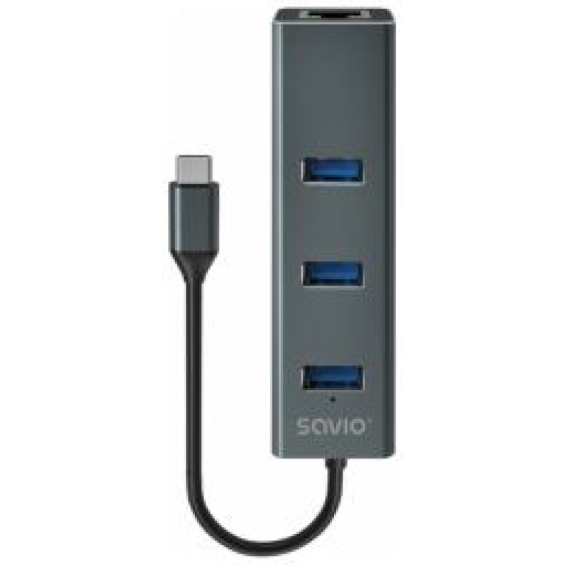 Savio USB Centrmezgls Savio 3-port USB-C 3.1 GEN 1 hub with RJ-45 Gigabit Ethernet